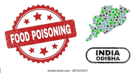 Vector Covid-2019 Christmas collage Odisha State map and Food Poisoning textured stamp. Food Poisoning stamp seal uses rosette shape and red color.