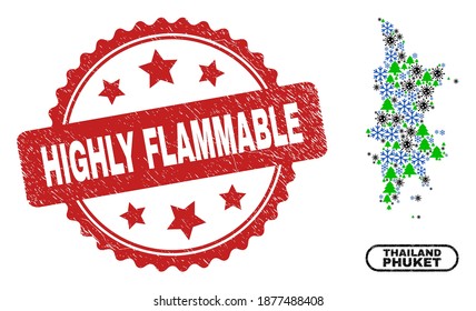 Vector Covid-2019 Christmas collage Phuket map and Highly Flammable corroded stamp seal. Highly Flammable stamp seal uses rosette shape and red color.