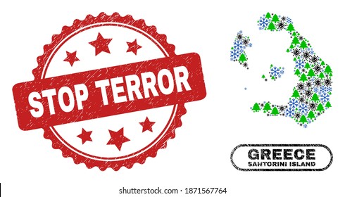 Vector Covid-2019 Christmas collage Santorini Island map and Stop Terror grunge stamp. Stop Terror stamp seal uses rosette shape and red color.