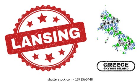 Vector Covid-2019 Christmas collage Skyros Island map and Lansing corroded watermark. Lansing imprint uses rosette shape and red color.