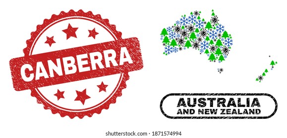 Vector Covid-2019 Christmas combination Australia and New Zealand map and Canberra dirty stamp imitation. Canberra stamp uses rosette shape and red color.