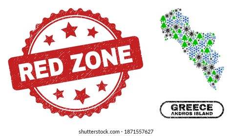 Vector Covid-2019 Weihnachtskomposition Andros Island of Greece Karte und Red Zone kratzte Stempel Druck. Rote Zone Robbe verwendet Rosette Form und rote Farbe.