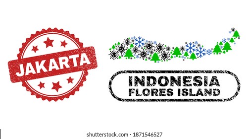 Vector Covid-2019 Christmas composition Flores Island of Indonesia map and Jakarta corroded stamp seal. Jakarta stamp seal uses rosette shape and red color.