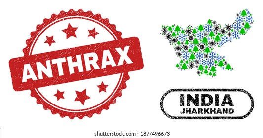 Composición navideña del vector Covid-2019 Mapa del estado de Jharkhand y sello sucio de Anthrax. El sello Anthrax usa forma de rosette y color rojo.