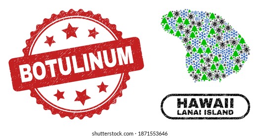 Vector Covid-2019 Christmas mosaic Lanai Island map and Botulinum grunge stamp. Botulinum stamp seal uses rosette shape and red color. Collage Lanai Island map is organized from random Covid-2019,