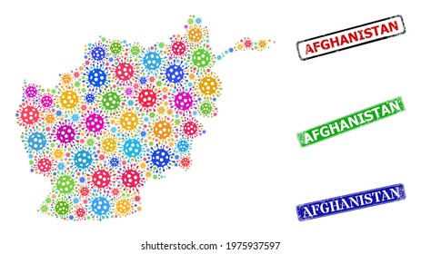 Vector Covid-2019 collage Afghanistan map, and grunge Afghanistan seals. Vector vibrant Afghanistan map collage, and Afghanistan textured framed rectangle stamp seals.