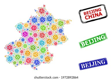 Vector Covid-2019 collage Beijing City map, and grunge Beijing stamps. Vector colorful Beijing City map collage, and Beijing textured framed rectangle stamps.