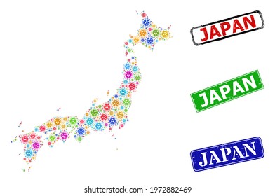 Vector Covid-2019 collage Japan map, and grunge Japan badges. Vector multi-colored Japan map collage, and Japan dirty framed rectangle seal prints.