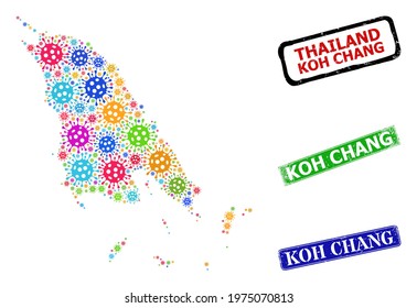 Vector Covid-2019 collage Koh Chang map, and grunge Koh Chang seal stamps. Vector multi-colored Koh Chang map collage, and Koh Chang scratched framed rectangle stamps.