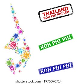 Vector Covid-2019 collage Koh Phi Leh map, and grunge Koh Phi stamps. Vector multi-colored Koh Phi Leh map collage, and Koh Phi scratched framed rectangle stamp seals.