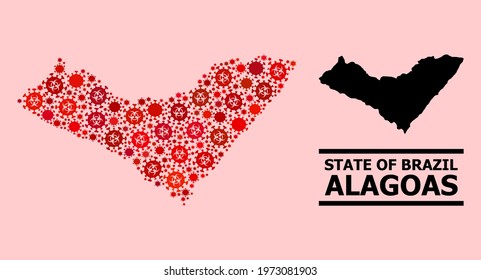 Vector covid-2019 collage map of Alagoas State constructed for pandemic illustrations. Red mosaic map of Alagoas State is created of biohazard covid-2019 pathogen cells.