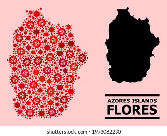 Vector covid-2019 collage map of Azores - Flores Island combined for vaccination wallpapers. Red mosaic map of Azores - Flores Island is created with biological hazard covid-2019 infection items.