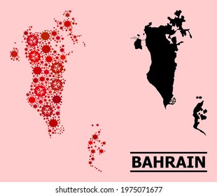 Vector covid-2019 collage map of Bahrain organized for pandemic illustrations. Red mosaic map of Bahrain is constructed from biohazard covid-2019 pathogen icons.