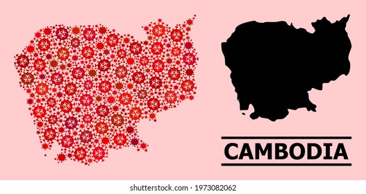 Vector covid-2019 collage map of Cambodia done for doctor applications. Red mosaic map of Cambodia is organized of biological hazard covid-2019 pathogen icons.