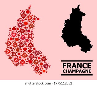 Vector covid-2019 collage map of Champagne Province constructed for clinic illustrations. Red mosaic map of Champagne Province is done from biological hazard covid-2019 pathogen elements.