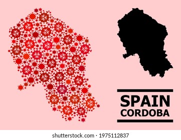 Vector covid-2019 collage map of Cordoba Spanish Province created for clinic advertisement. Red mosaic map of Cordoba Spanish Province is constructed from biological hazard covid-2019 pathogen items.