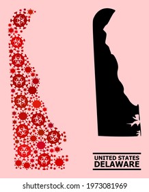 Vector covid-2019 collage map of Delaware State created for vaccination wallpapers. Red mosaic map of Delaware State is shaped from biological hazard covid-2019 viral parts.