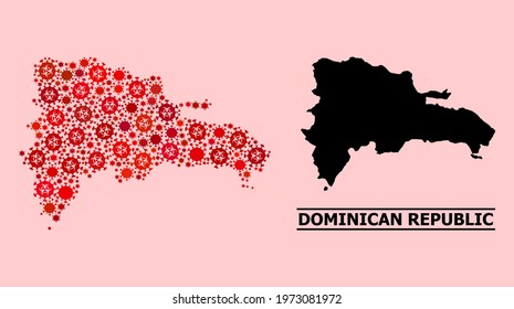 Vector covid-2019 collage map of Dominican Republic designed for doctor applications. Red mosaic map of Dominican Republic is formed from biohazard covid-2019 infection parts.