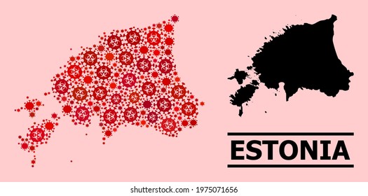 Vector covid-2019 collage map of Estonia constructed for pharmacy wallpapers. Red mosaic map of Estonia is made with biological hazard covid-2019 infection icons.