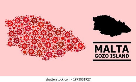 Vector covid-2019 collage map of Gozo Island created for pharmacy advertisement. Red mosaic map of Gozo Island is organized with biohazard covid-2019 infection elements.