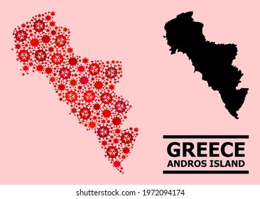 Vector covid-2019 collage map of Greece - Andros Island designed for medicare advertisement. Red mosaic map of Greece - Andros Island is constructed from biohazard covid-2019 viral items.