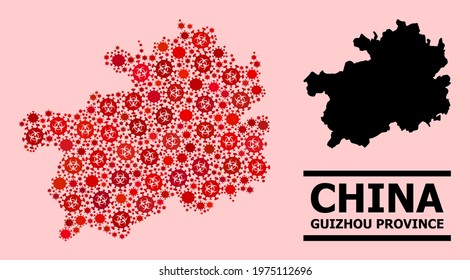 Vector covid-2019 collage map of Guizhou Province designed for health care wallpapers. Red mosaic map of Guizhou Province is designed with biohazard covid-2019 pathogen icons.