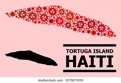 Vector covid-2019 collage map of Haiti Tortuga Island constructed for medicare posters. Red mosaic map of Haiti Tortuga Island is made of biological hazard covid-2019 viral parts.