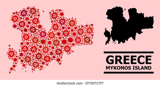 Vector covid-2019 collage map of Mykonos Island organized for pharmacy wallpapers. Red mosaic map of Mykonos Island is organized of biohazard covid-2019 viral cells.