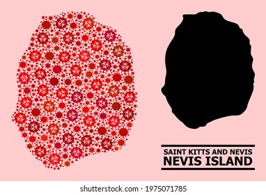 Vector covid-2019 collage map of Nevis Island combined for health care posters. Red mosaic map of Nevis Island is made with biological hazard covid-2019 infection elements.