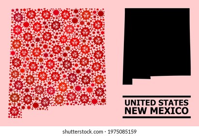 Vector covid-2019 collage map of New Mexico State created for lockdown advertisement. Red mosaic map of New Mexico State is formed with biological hazard covid-2019 infection elements.