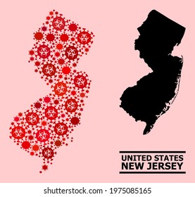 Vector covid-2019 collage map of New Jersey State done for health care applications. Red mosaic map of New Jersey State is done with biological hazard covid-2019 infection cells.