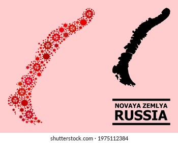 Vector covid-2019 collage map of Novaya Zemlya Islands created for vaccination applications. Red mosaic map of Novaya Zemlya Islands is done of biological hazard covid-2019 pathogen icons.