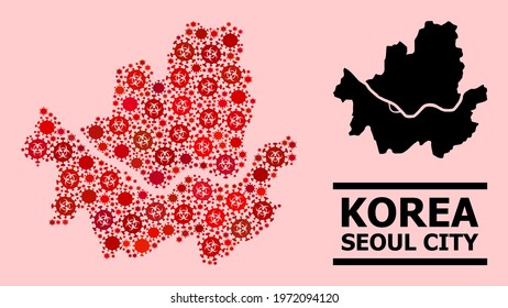 Vector covid-2019 collage map of Seoul Municipality combined for health care advertisement. Red mosaic map of Seoul Municipality is made of biohazard covid-2019 pathogen cells.