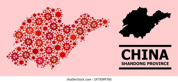 Vector covid-2019 collage map of Shandong Province created for health care posters. Red mosaic map of Shandong Province is created from biohazard covid-2019 viral cells.