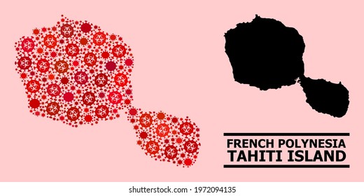Vector covid-2019 collage map of Tahiti Island designed for health care purposes. Red mosaic map of Tahiti Island is done from biological hazard covid-2019 infection items.