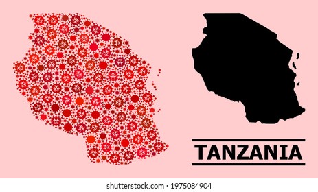 Vector covid-2019 collage map of Tanzania combined for health care advertisement. Red mosaic map of Tanzania is composed with biological hazard covid-2019 viral items.
