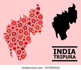 Vector covid-2019 collage map of Tripura State combined for pandemic purposes. Red mosaic map of Tripura State is composed with biohazard covid-2019 infection cells.