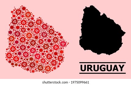 Vector covid-2019 collage map of Uruguay constructed for clinic illustrations. Red mosaic map of Uruguay is constructed of biological hazard covid-2019 pathogen parts.