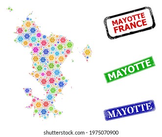 Vector Covid-2019 collage Mayotte Islands map, and grunge Mayotte stamps. Vector multi-colored Mayotte Islands map collage, and Mayotte textured framed rectangle seals.