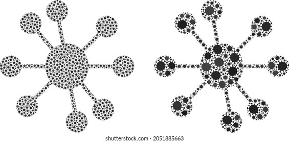 Vector covid-2019 collage node relations designed for vaccination purposes. Mosaic node relations is based on icon and it is constructed of biohazard flu infection parts.