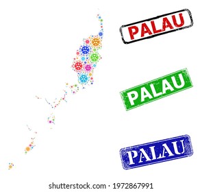 Vector Covid-2019 collage Palau map, and grunge badges. Vector multi-colored Palau map collage, and grunge framed rectangle watermarks. Colored stamps contain Palau map tag inside framed rectangles.