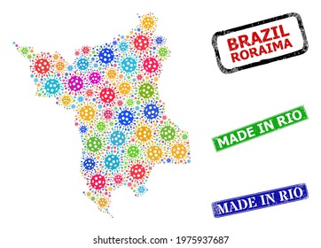 Vector Covid-2019 collage Roraima State map, and grunge Made in Rio seals. Vector colorful Roraima State map collage, and Made in Rio grunge framed rectangle watermarks.