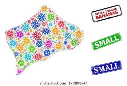 Vector Covid-2019 collage Small Inagua Island map, and grunge Small badges. Vector colored Small Inagua Island map mosaic, and Small textured framed rectangle stamp seals.