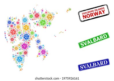 Vector Covid-2019 collage Svalbard Islands map, and grunge Svalbard stamps. Vector vibrant Svalbard Islands map collage, and Svalbard grunge framed rectangle seals.