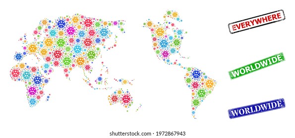 Vector Covid-2019 collage worldwide map, and grunge Worldwide seal stamps. Vector multi-colored worldwide map collage, and Worldwide scratched framed rectangle seal prints.