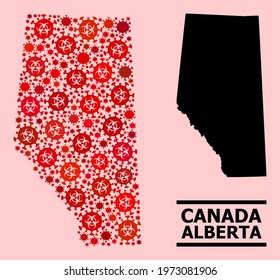 Vector covid-2019 composition map of Alberta Province organized for hospital posters. Red mosaic map of Alberta Province is created of biohazard covid-2019 pathogen icons.