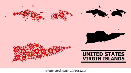 Vector covid-2019 composition map of American Virgin Islands constructed for vaccination illustrations. Red mosaic map of American Virgin Islands is organized with biohazard covid-2019 viral cells.