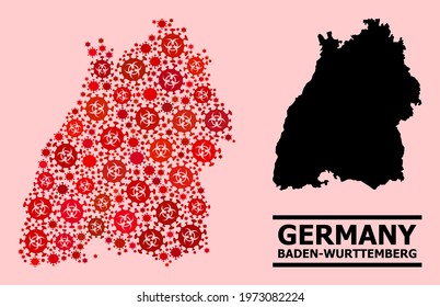 Vector covid-2019 composition map of Baden-Wurttemberg State created for doctor purposes. Red mosaic map of Baden-Wurttemberg State is done of biological hazard covid-2019 pathogen icons.