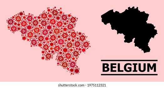 Vector covid-2019 composition map of Belgium done for clinic applications. Red mosaic map of Belgium is constructed of biological hazard covid-2019 viral elements.