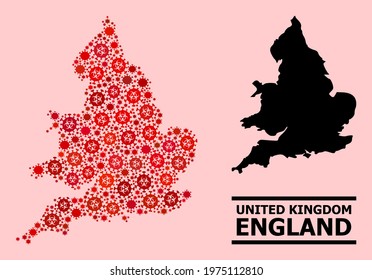 Vector covid-2019 composition map of England designed for pharmacy illustrations. Red mosaic map of England is organized of biological hazard covid-2019 infection elements.